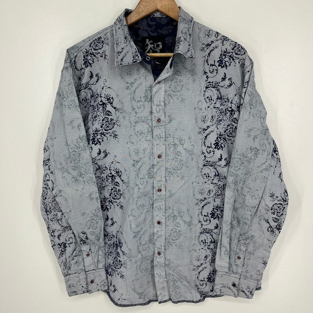Age of Wisdom Mens XL Blue White Striped Floral Paisley Trim Button Down Shirt